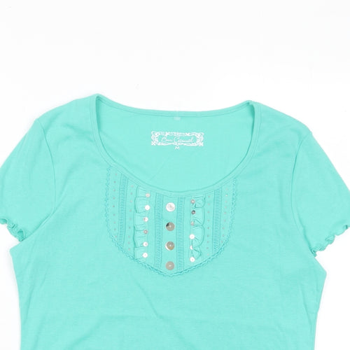 Bonmarché Womens Blue Cotton Basic T-Shirt Size M Scoop Neck - Lettuce Edging, Frill, Buttons