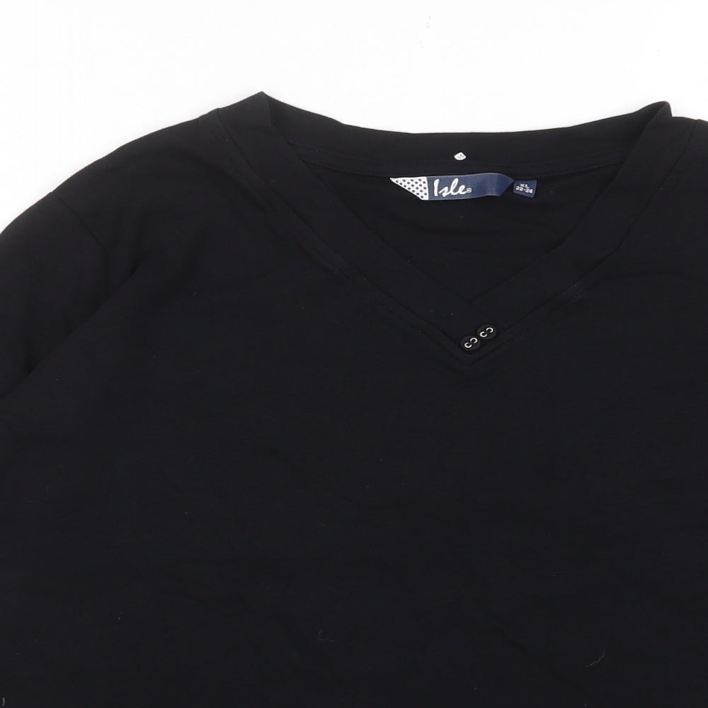 EWM Womens Black Cotton Basic T-Shirt Size 22 V-Neck - Buttons