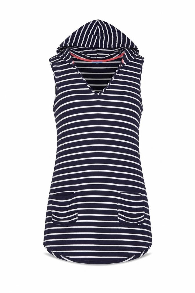 Front view of Blue Curl women’s blue striped viscose a-line, size M, v-neck pullover - hooded