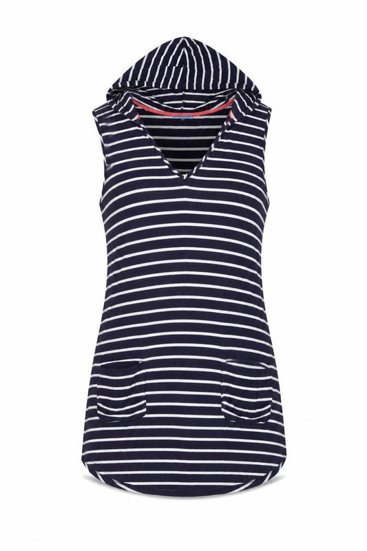 Front view of Blue Curl women’s blue striped viscose a-line, size M, v-neck pullover - hooded