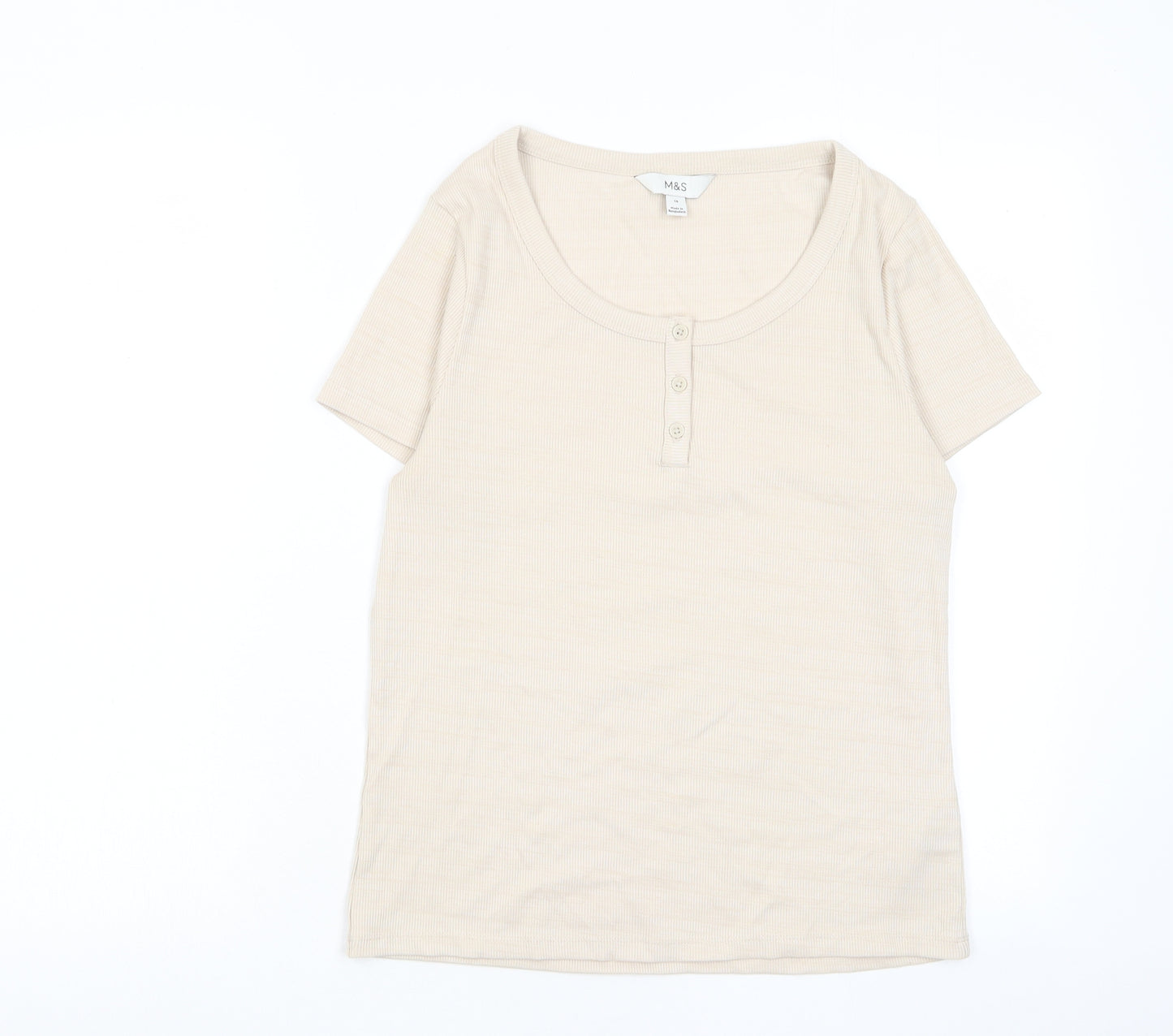 Marks and Spencer Womens Beige Cotton Basic T-Shirt Size 14 Scoop Neck - Buttons