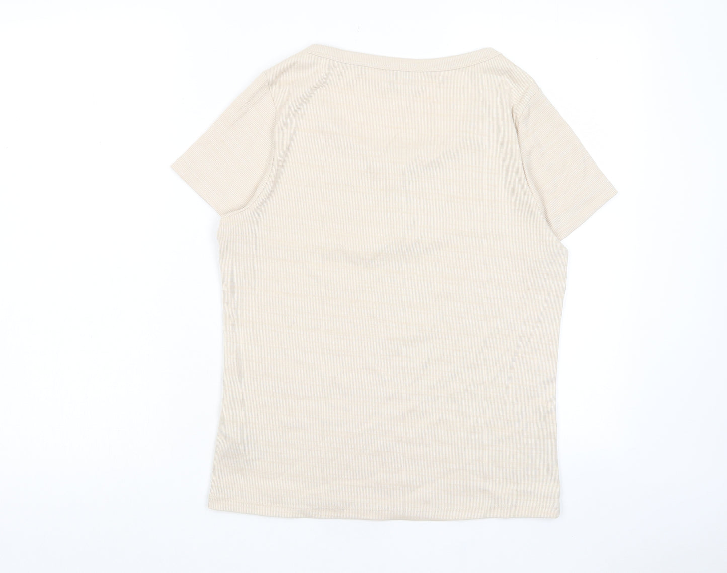 Marks and Spencer Womens Beige Cotton Basic T-Shirt Size 14 Scoop Neck - Buttons