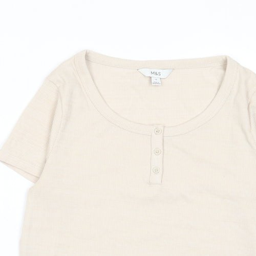 Marks and Spencer Womens Beige Cotton Basic T-Shirt Size 14 Scoop Neck - Buttons