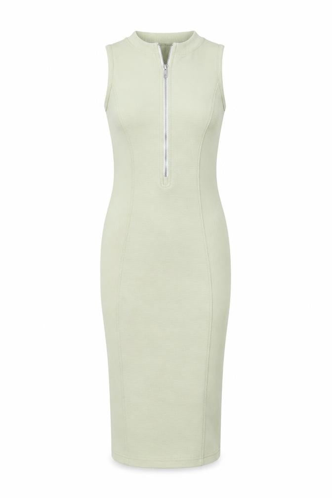 Front view of PRETTYLITTLETHING women’s green polyester t-shirt dress, size UK 6, crew neck pullover - zip