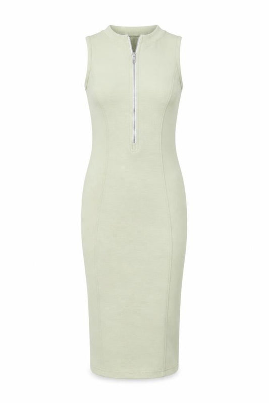 Front view of PRETTYLITTLETHING women’s green polyester t-shirt dress, size UK 6, crew neck pullover - zip