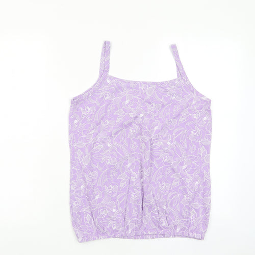 Bonmarché Womens Purple Floral Cotton Basic Tank Size 10 Square Neck - Embroided, Buttons