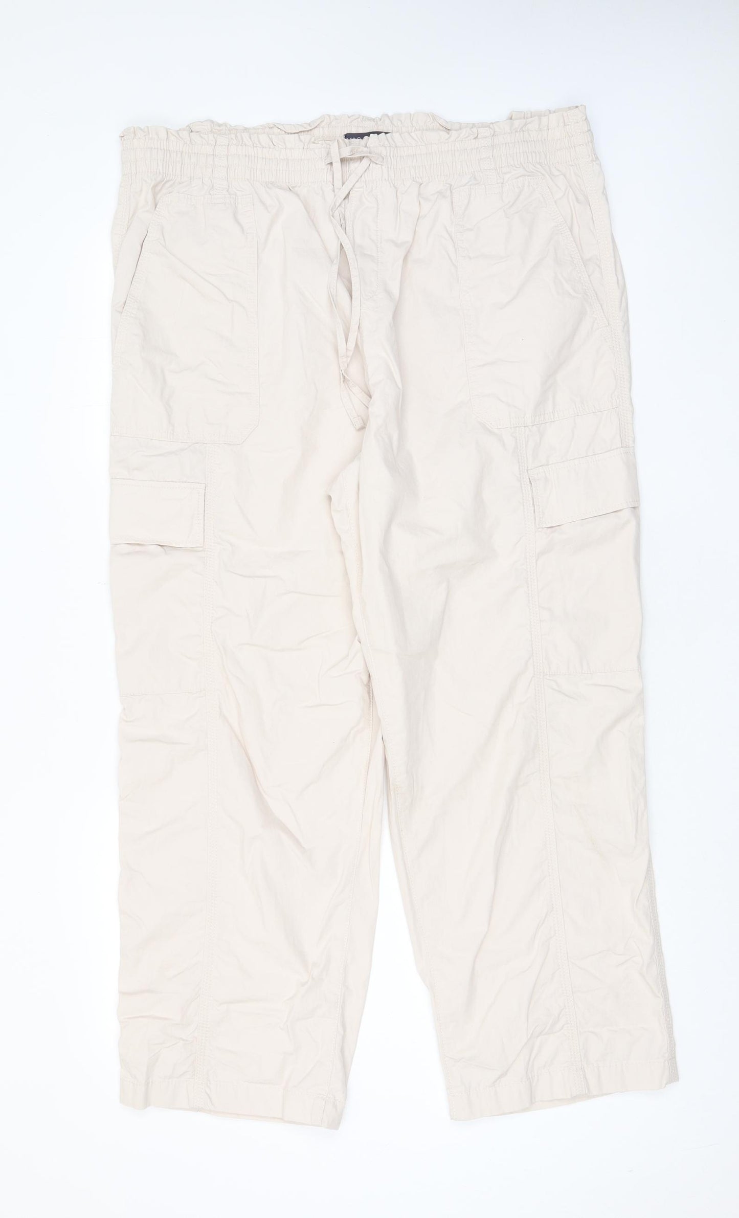 Marks and Spencer Womens Beige Cotton Trousers Size 20 L28 in Regular Drawstring - Elasticated Waist, Pockets