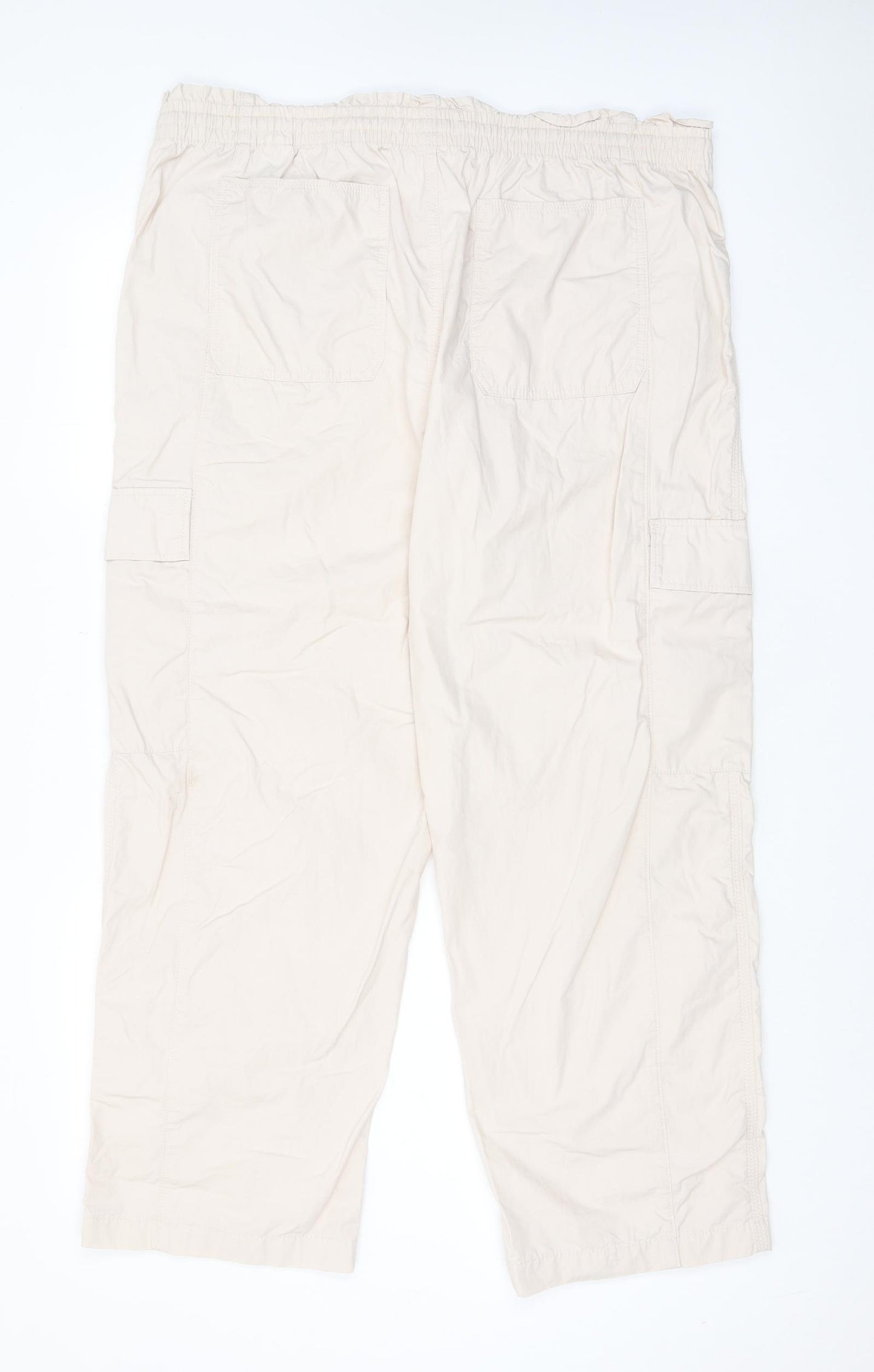 Marks and Spencer Womens Beige Cotton Trousers Size 20 L28 in Regular Drawstring - Elasticated Waist, Pockets