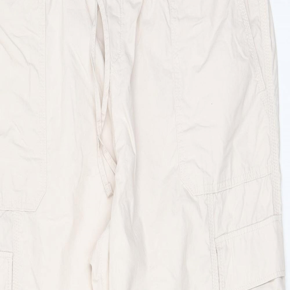 Marks and Spencer Womens Beige Cotton Trousers Size 20 L28 in Regular Drawstring - Elasticated Waist, Pockets