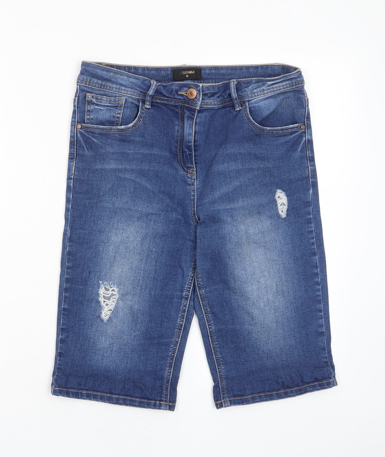 Matalan Womens Blue Cotton Basic Shorts Size 10 L11 in Regular Zip - Distressed, Pockets