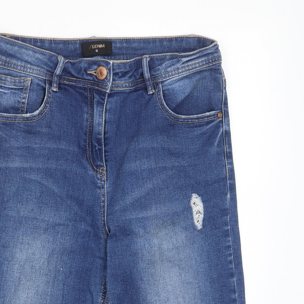 Matalan Womens Blue Cotton Basic Shorts Size 10 L11 in Regular Zip - Distressed, Pockets