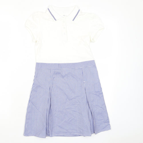 Marks and Spencer Girls Blue Plaid Cotton A-Line Size 8-9 Years Collared Button - School Wear