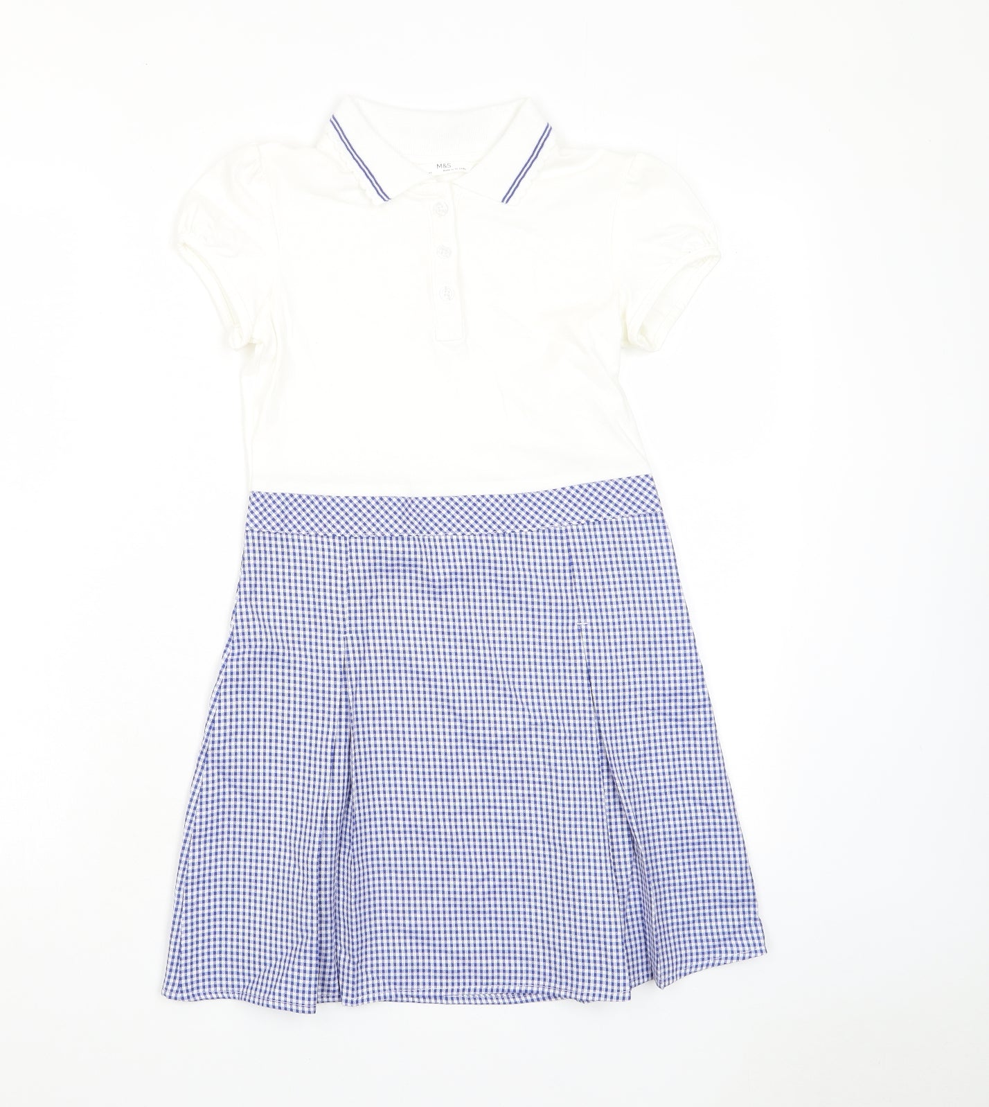 Marks and Spencer Girls Blue Plaid Cotton A-Line Size 8-9 Years Collared Button - School Wear