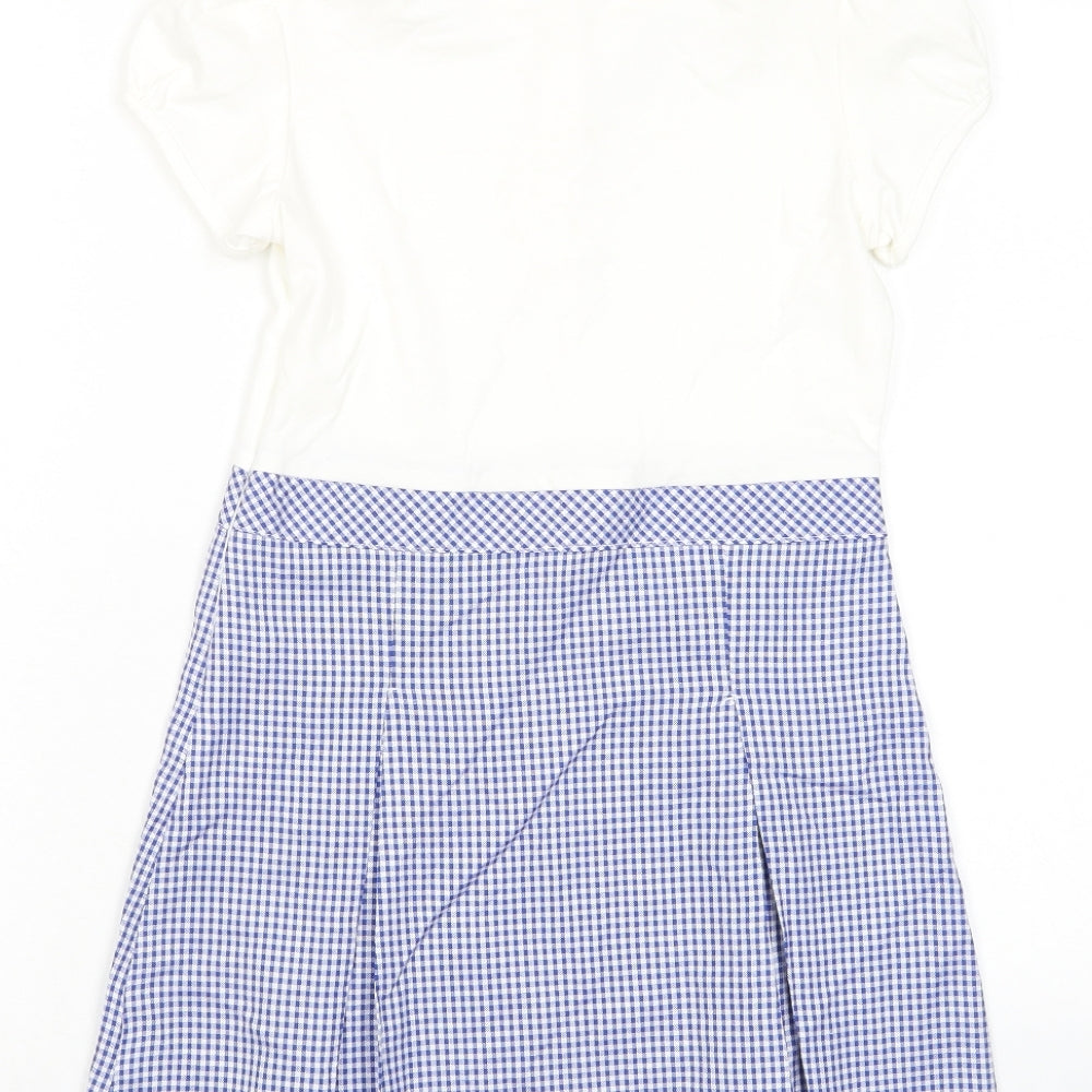 Marks and Spencer Girls Blue Plaid Cotton A-Line Size 8-9 Years Collared Button - School Wear