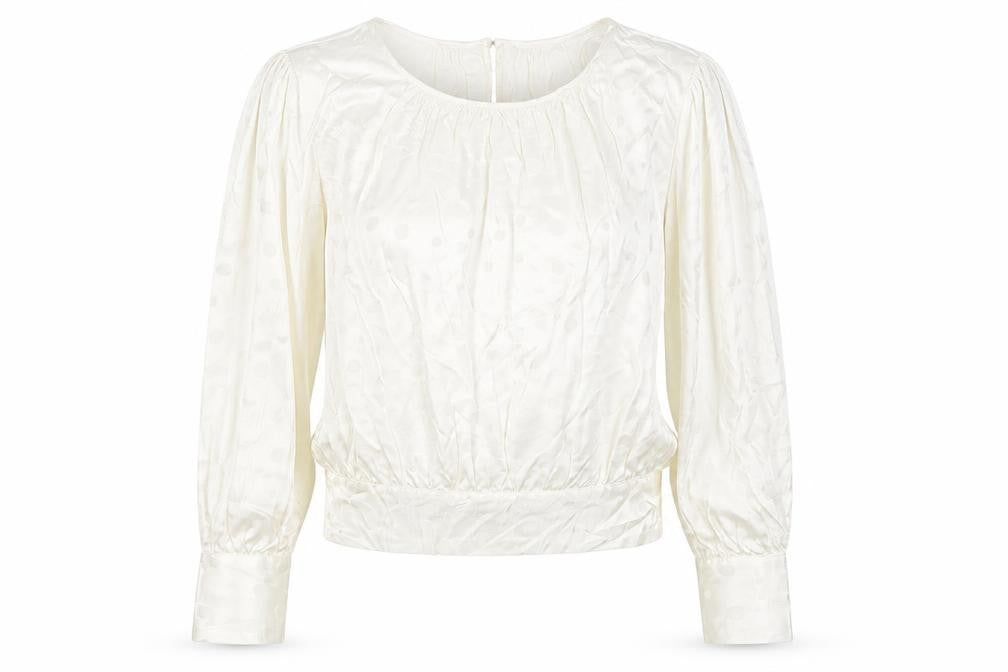 Front view of Marks & Spencer women’s ivory polka dot viscose basic blouse, size UK 6, crew neck - tie back