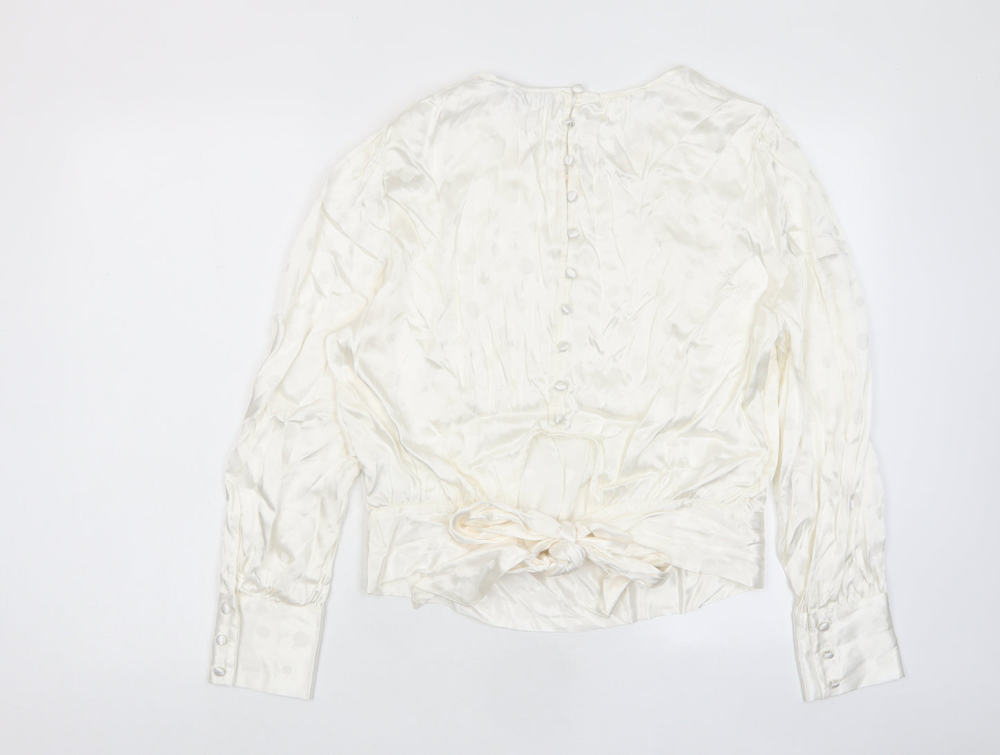 Marks and Spencer Womens Ivory Polka Dot Viscose Basic Blouse Size 6 Crew Neck - Tie Back