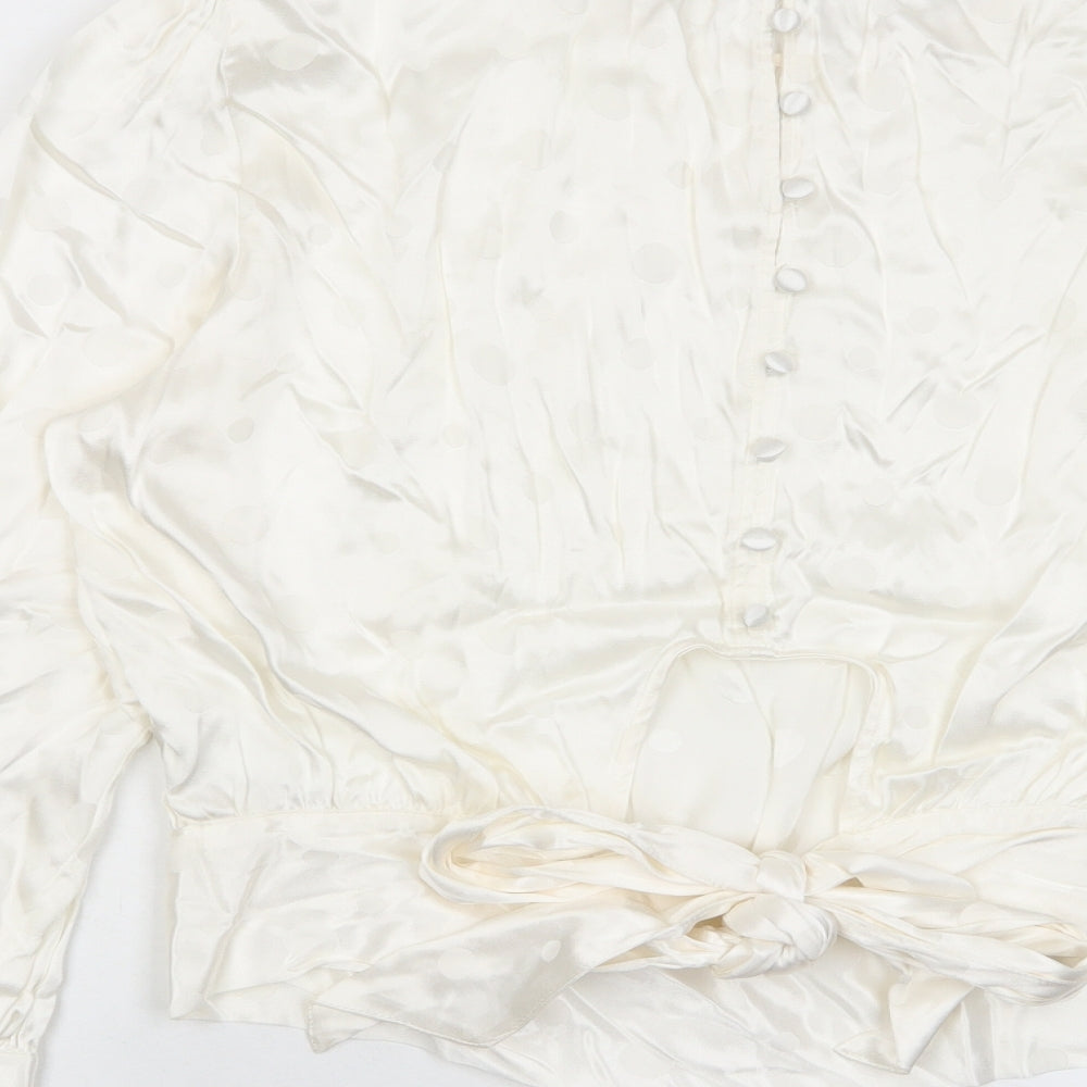 Marks and Spencer Womens Ivory Polka Dot Viscose Basic Blouse Size 6 Crew Neck - Tie Back