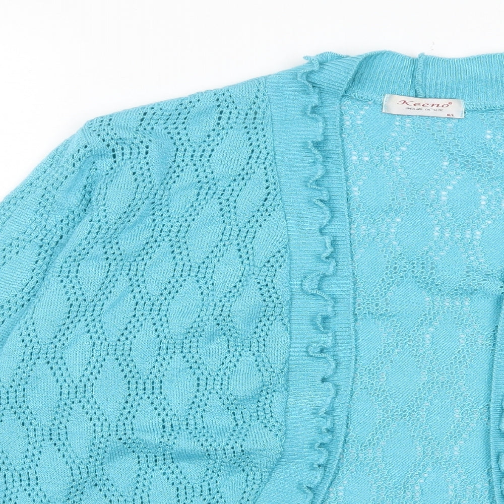 Keeno Womens Blue V-Neck Acrylic Cardigan Jumper Size M - Open, Frill
