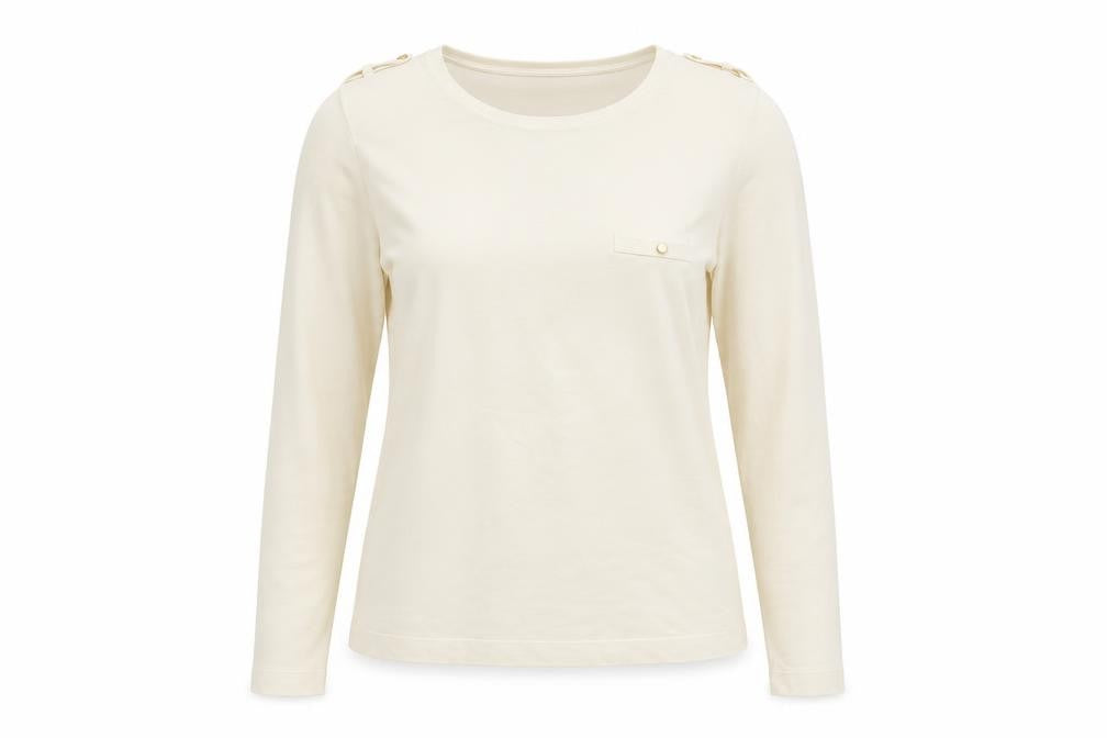 Front view of John Lewis women’s ivory crew neck viscose jumper, size L, - buttons