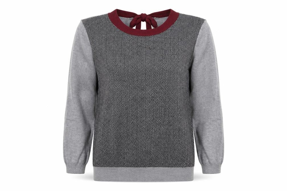 Front view of mamas & papas women’s grey crew neck geometric viscose jumper, size UK 10