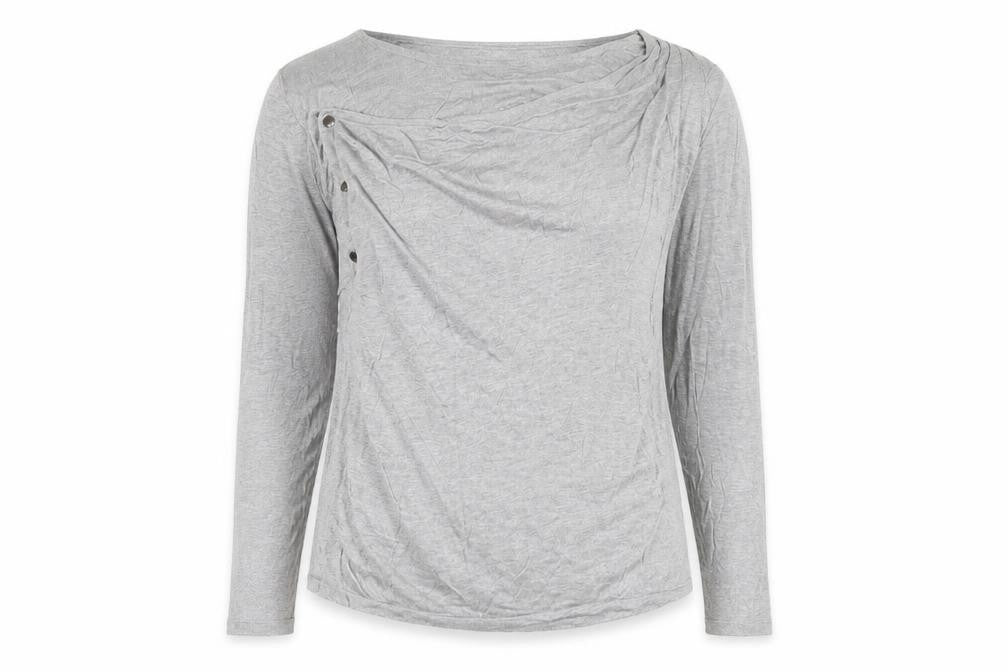 Front view of Simply Be women’s grey scoop neck viscose jumper, size UK 16, - buttons