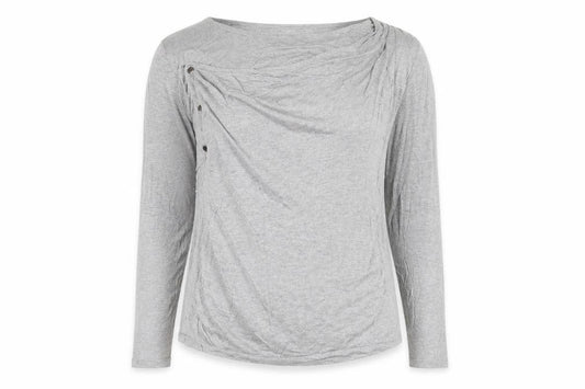 Front view of Simply Be women’s grey scoop neck viscose jumper, size UK 16, - buttons