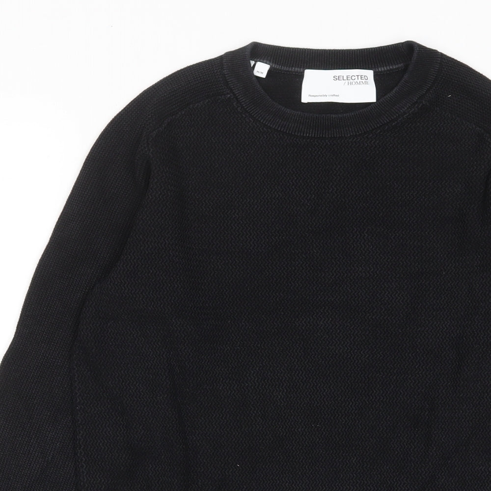 Selected Homme Mens Black Crew Neck Cotton Pullover Jumper Size M Long Sleeve