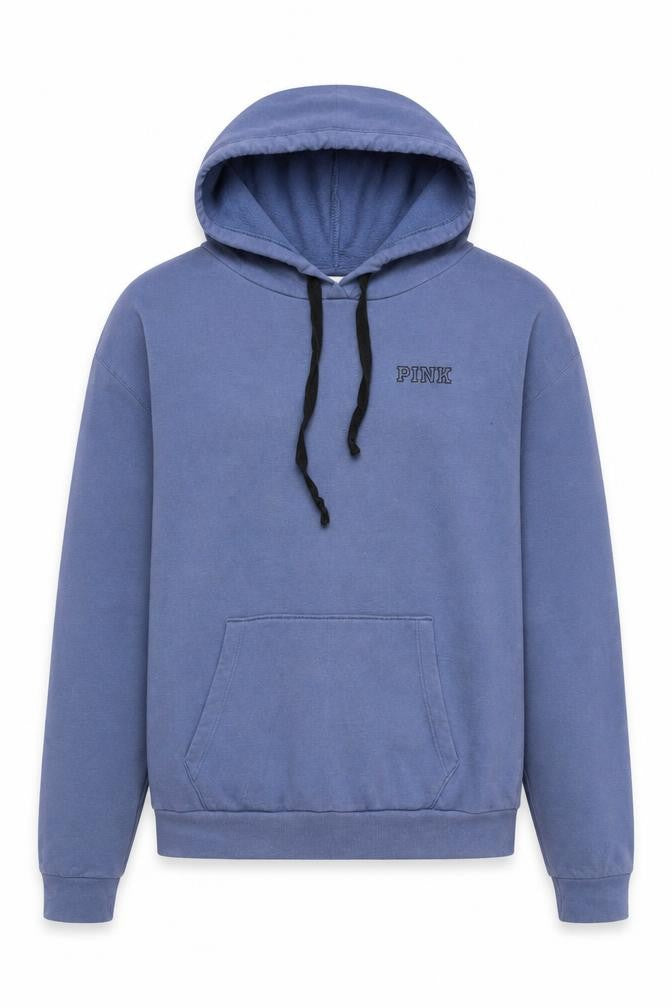 Front view of PINK women’s blue cotton pullover hoodie, size M, pullover