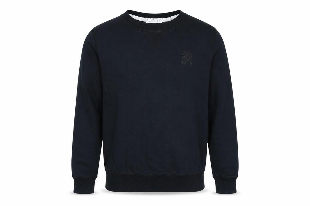 Front view of Reebok men’s black cotton pullover sweatshirt, size XS, - logo