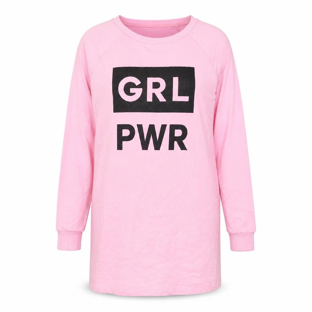 Front view of Boohoo women’s pink cotton pullover sweatshirt, size M, pullover - girl power