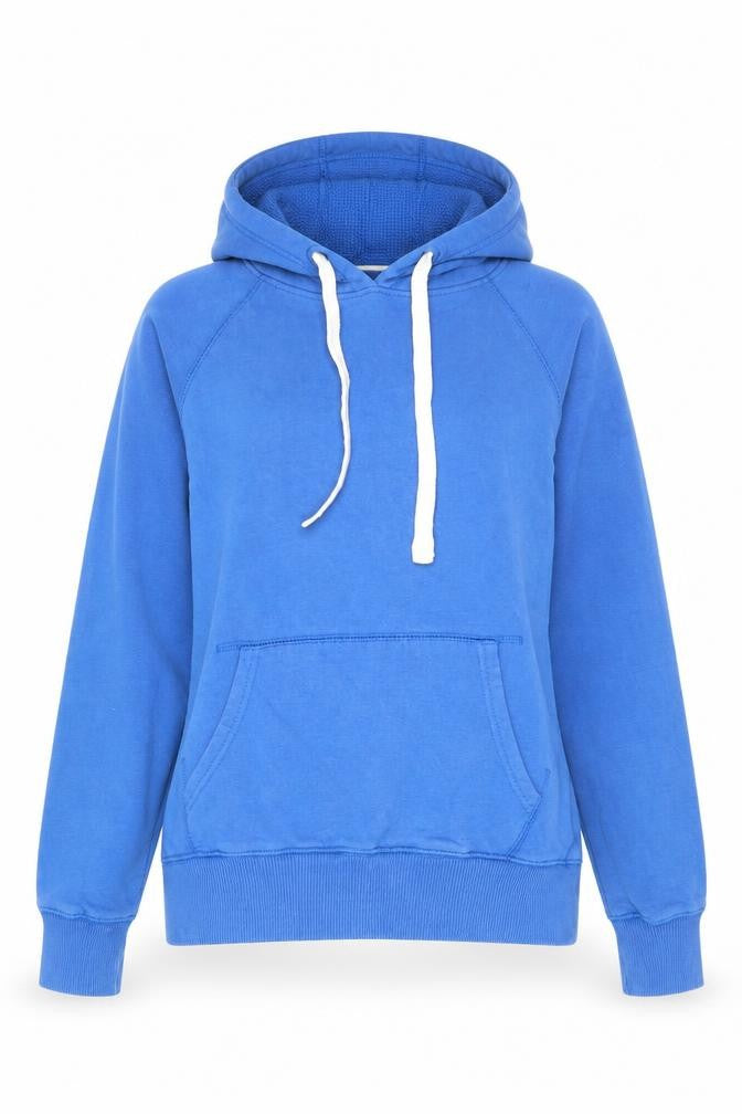 Front view of Mantis women’s blue cotton pullover sweatshirt, size S, pullover