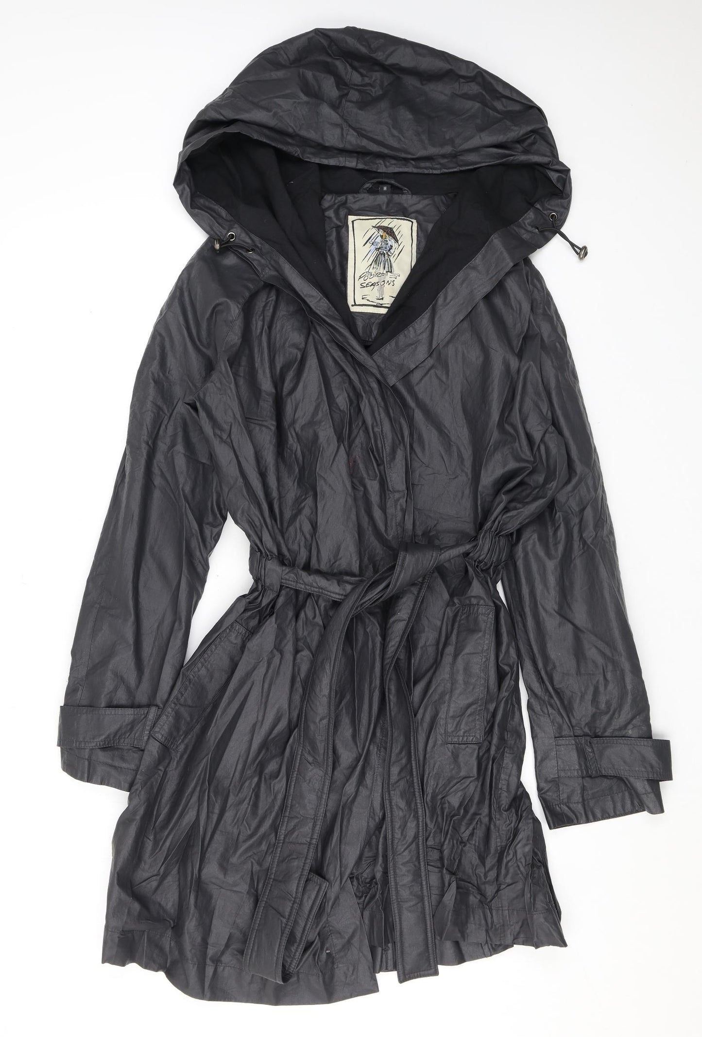 Four Seasons Womens Black Rain Coat Coat Size M Tie