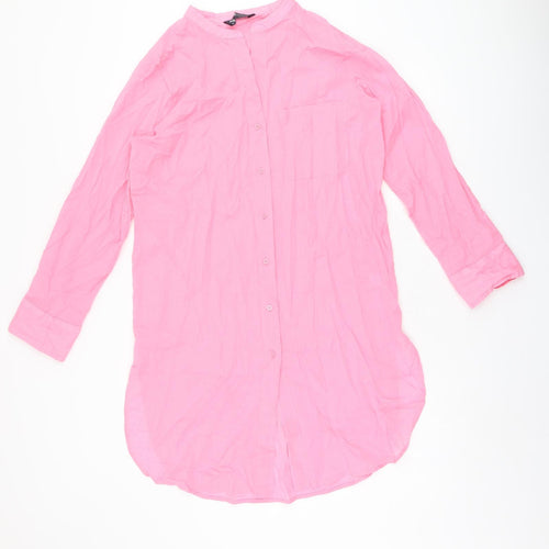 Marks and Spencer Womens Pink Cotton Shirt Dress Size 10 Round Neck Button - Split Hem