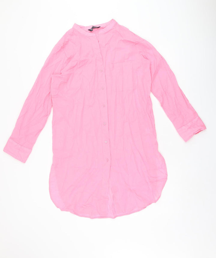 Marks and Spencer Womens Pink Cotton Shirt Dress Size 10 Round Neck Button - Split Hem