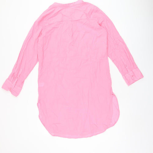 Marks and Spencer Womens Pink Cotton Shirt Dress Size 10 Round Neck Button - Split Hem