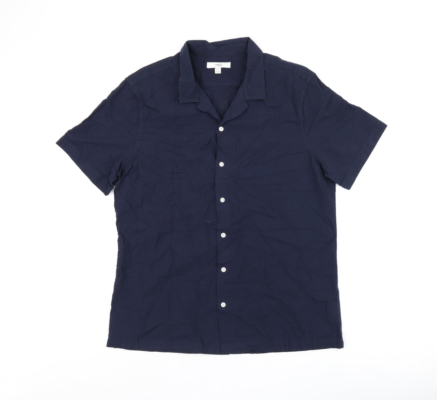 Marks and Spencer Mens Blue Cotton Button-Up Size L Collared Button