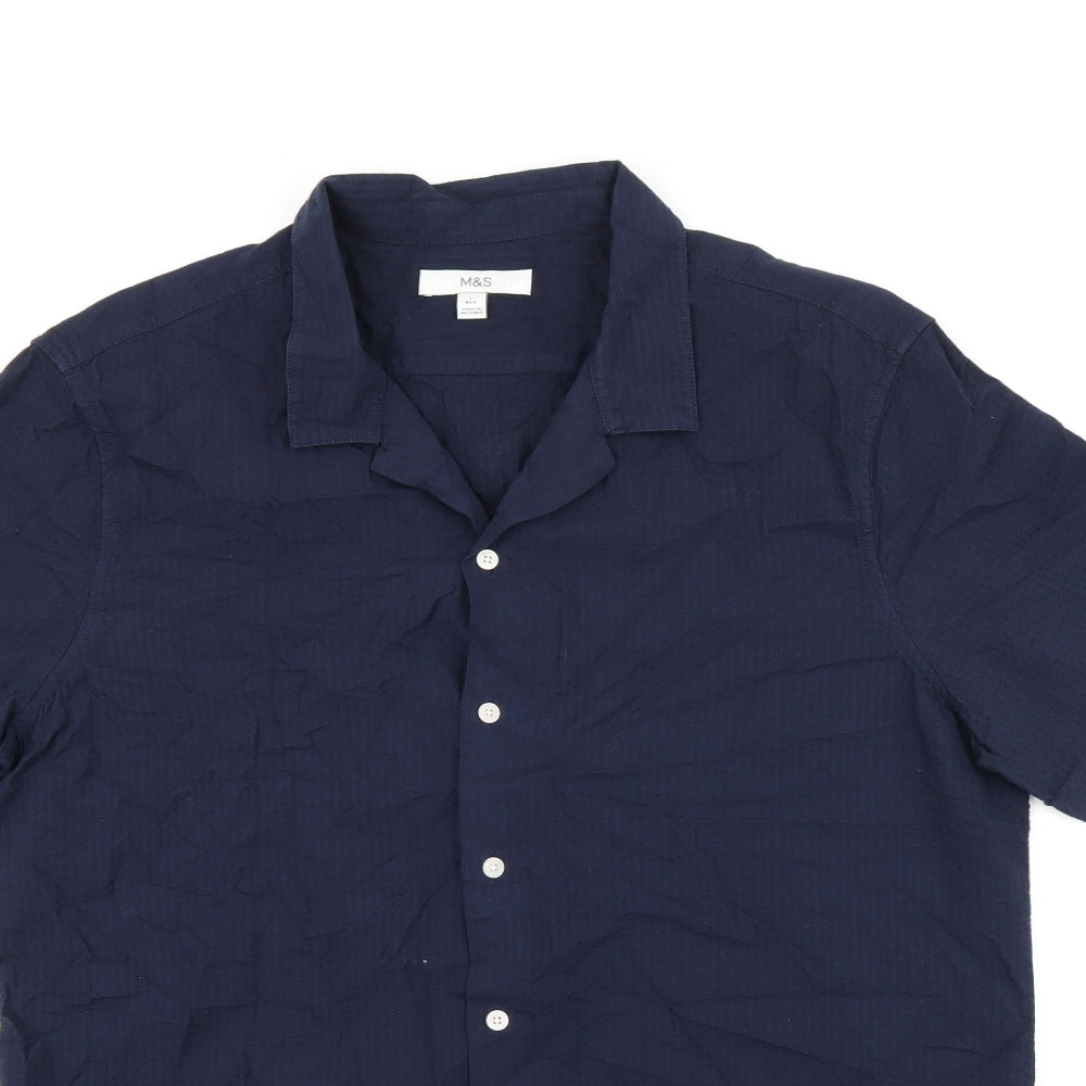 Marks and Spencer Mens Blue Cotton Button-Up Size L Collared Button