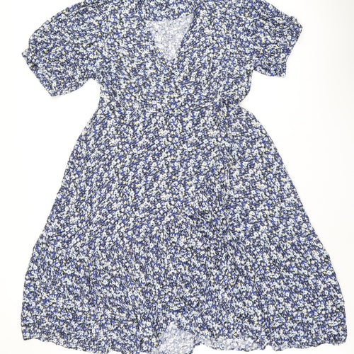 Marks and Spencer Womens Blue Floral Viscose Wrap Dress Size 20 V-Neck Tie