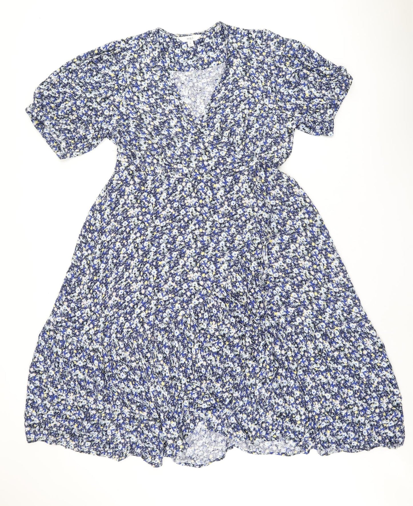 Marks and Spencer Womens Blue Floral Viscose Wrap Dress Size 20 V-Neck Tie