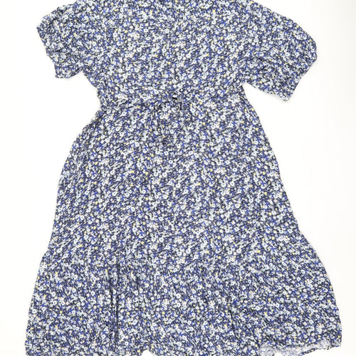 Marks and Spencer Womens Blue Floral Viscose Wrap Dress Size 20 V-Neck Tie