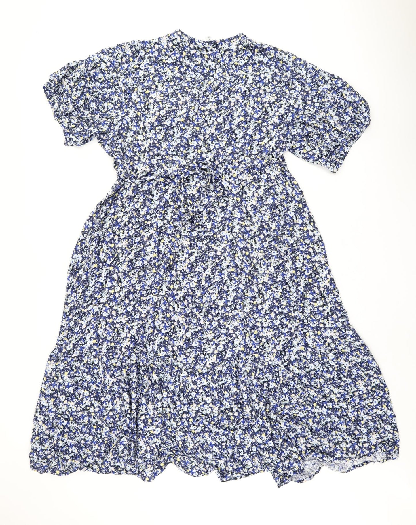 Marks and Spencer Womens Blue Floral Viscose Wrap Dress Size 20 V-Neck Tie
