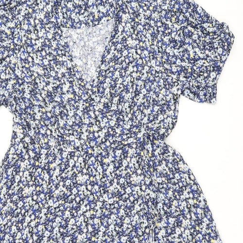 Marks and Spencer Womens Blue Floral Viscose Wrap Dress Size 20 V-Neck Tie
