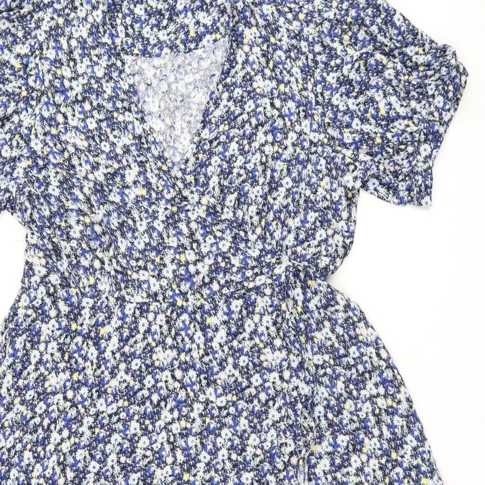 Marks and Spencer Womens Blue Floral Viscose Wrap Dress Size 20 V-Neck Tie