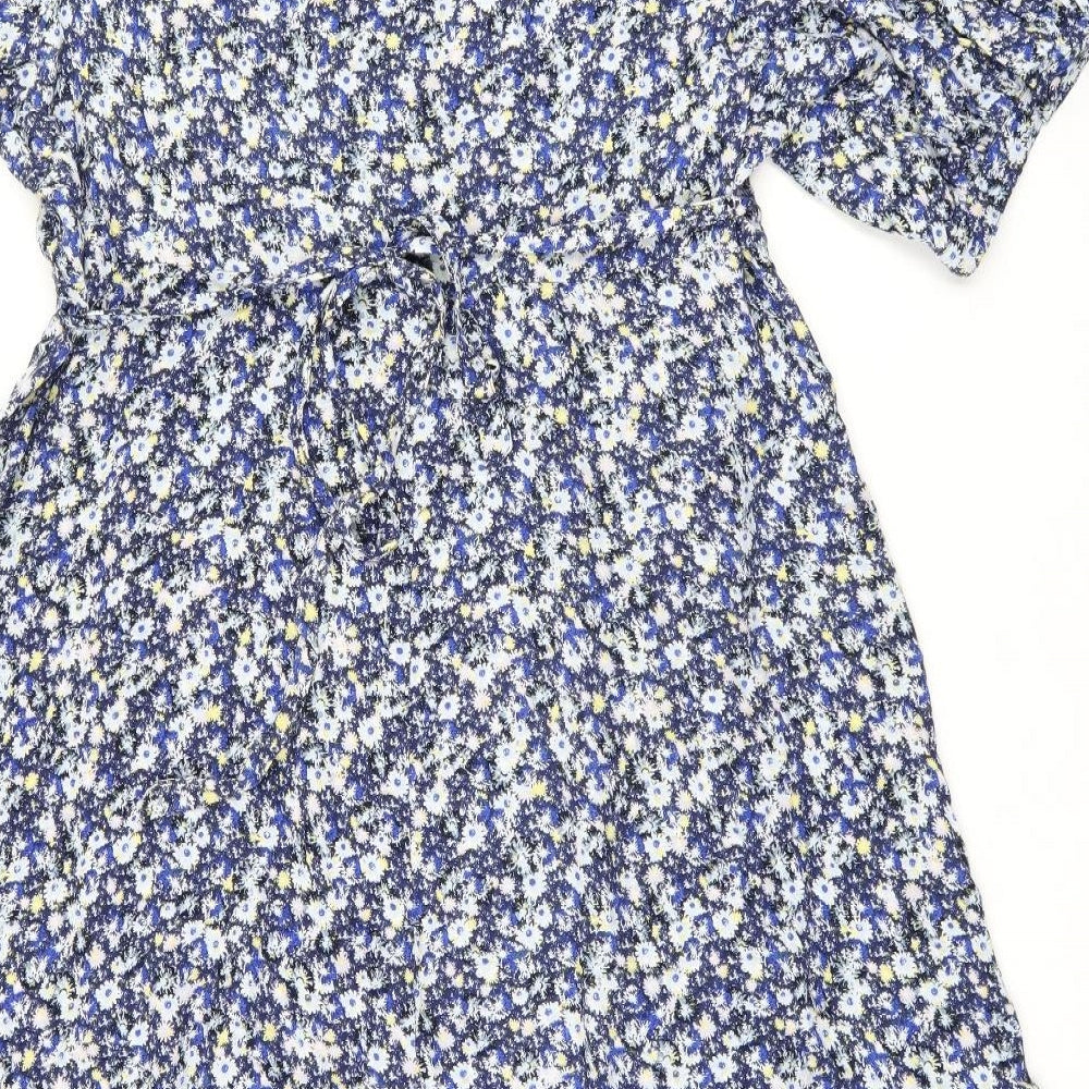 Marks and Spencer Womens Blue Floral Viscose Wrap Dress Size 20 V-Neck Tie
