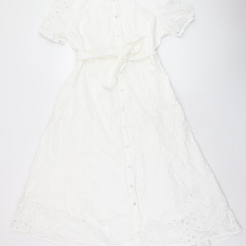 Marks and Spencer Womens White Cotton A-Line Size 14 Collared Button - Broderie Anglaise