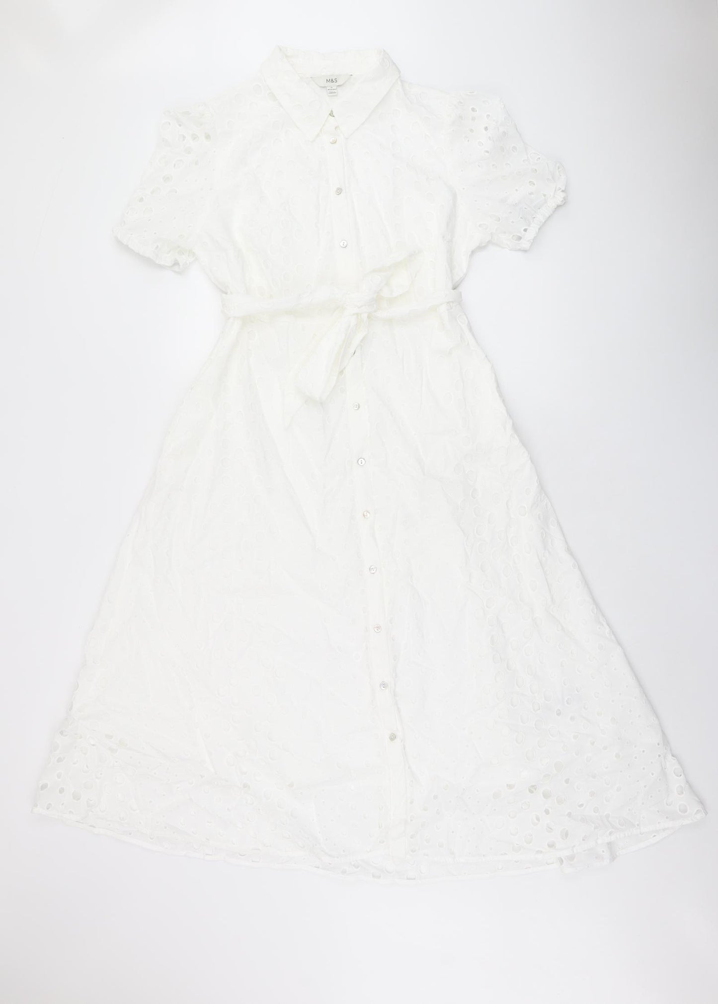 Marks and Spencer Womens White Cotton A-Line Size 14 Collared Button - Broderie Anglaise
