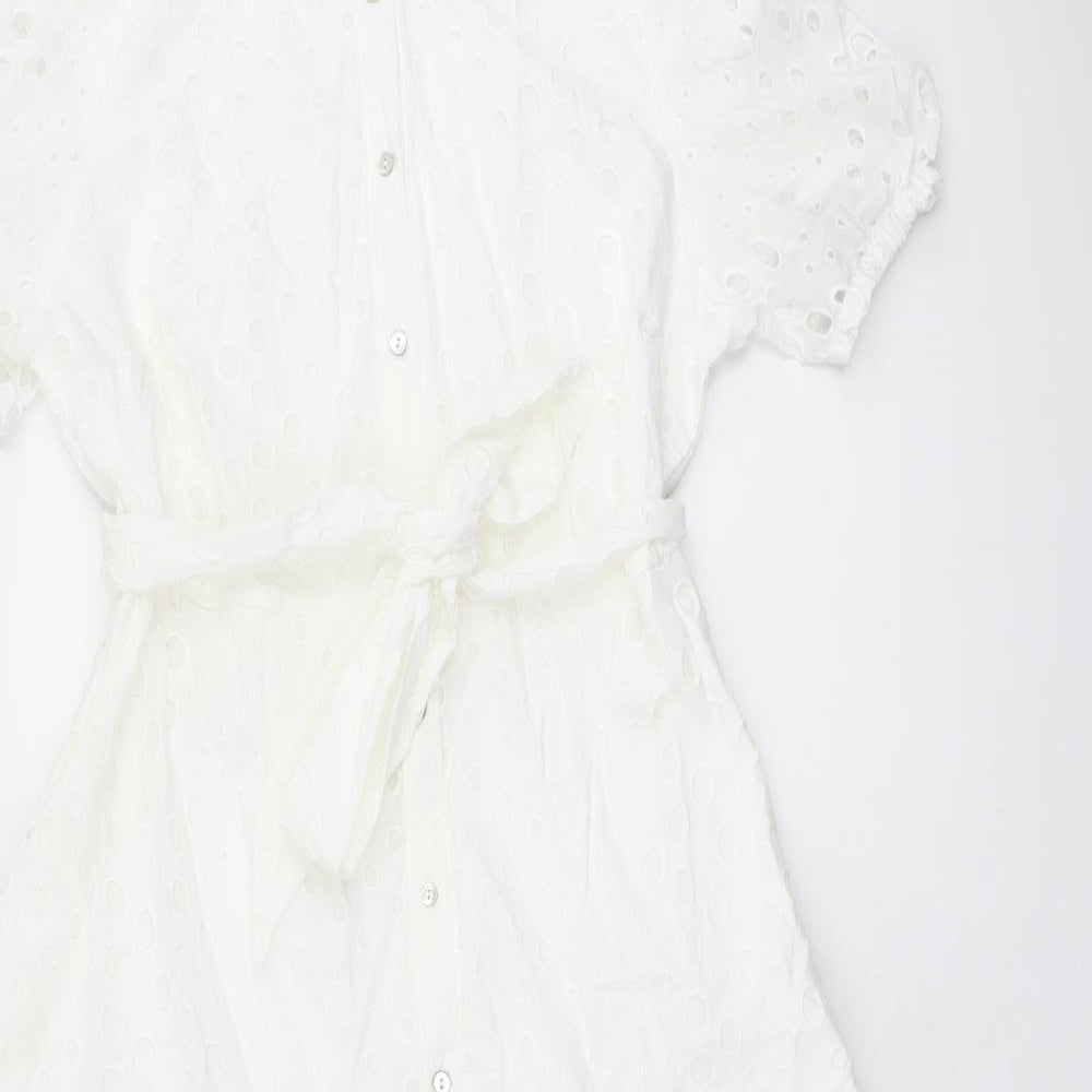Marks and Spencer Womens White Cotton A-Line Size 14 Collared Button - Broderie Anglaise