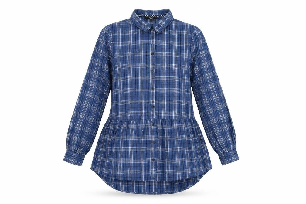 Front view of Next women’s blue plaid cotton basic button-up, size UK 10, collared