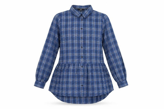 Front view of Next women’s blue plaid cotton basic button-up, size UK 10, collared