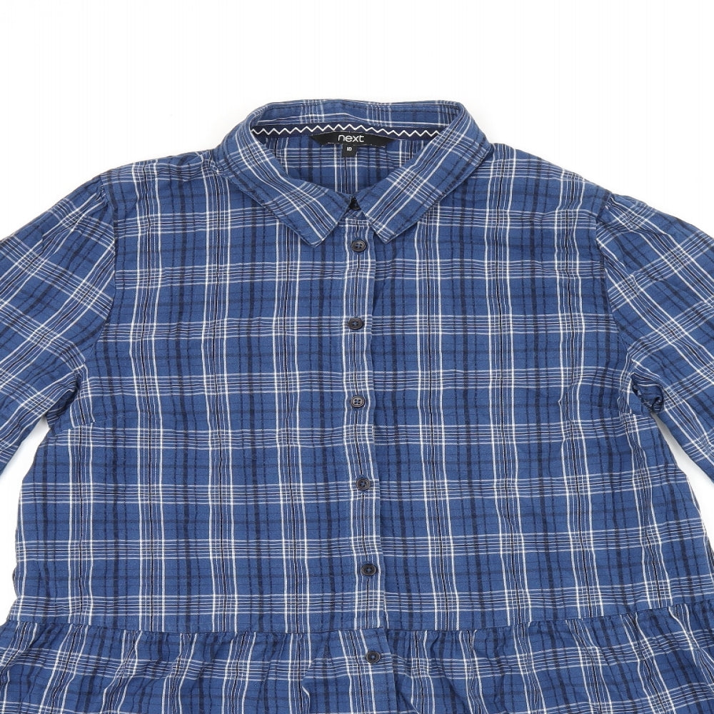 NEXT Womens Blue Plaid Cotton Basic Button-Up Size 10 Collared